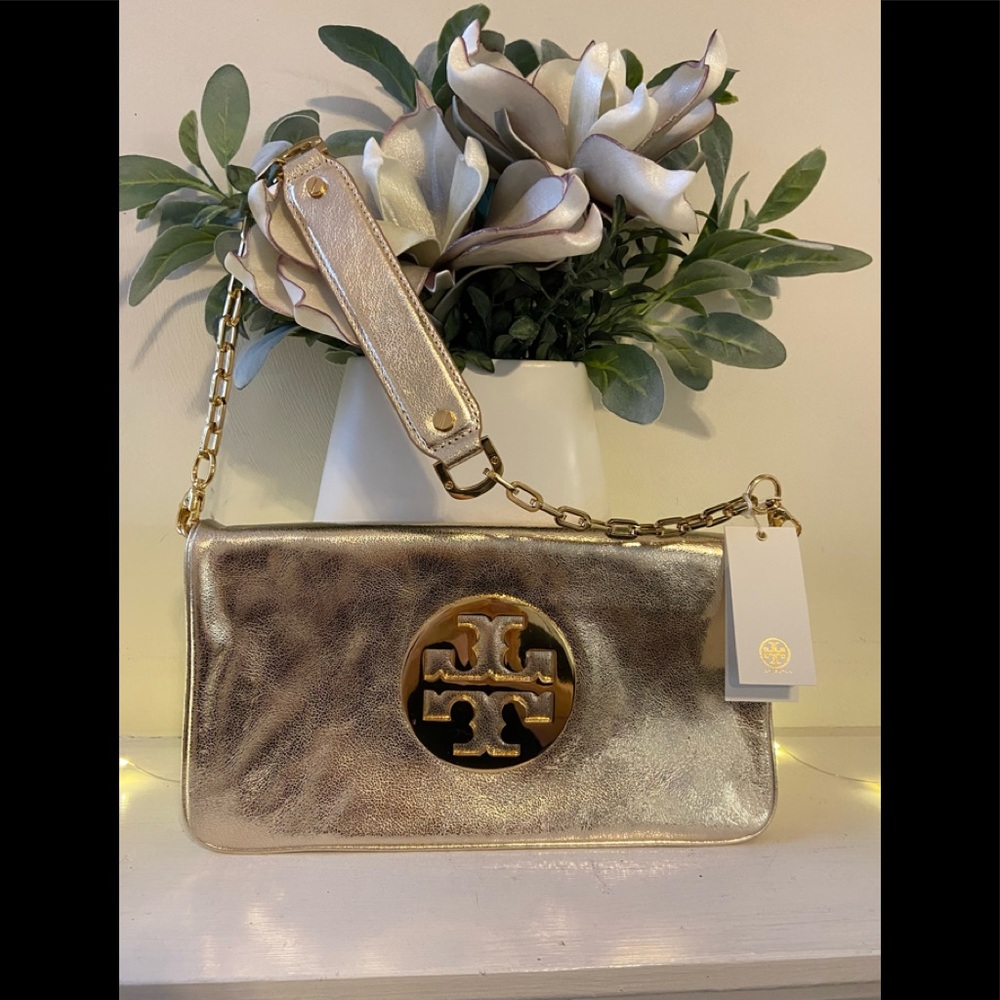 Tory Burch Metallic Gold Leather Reva Chain Clutch NWT